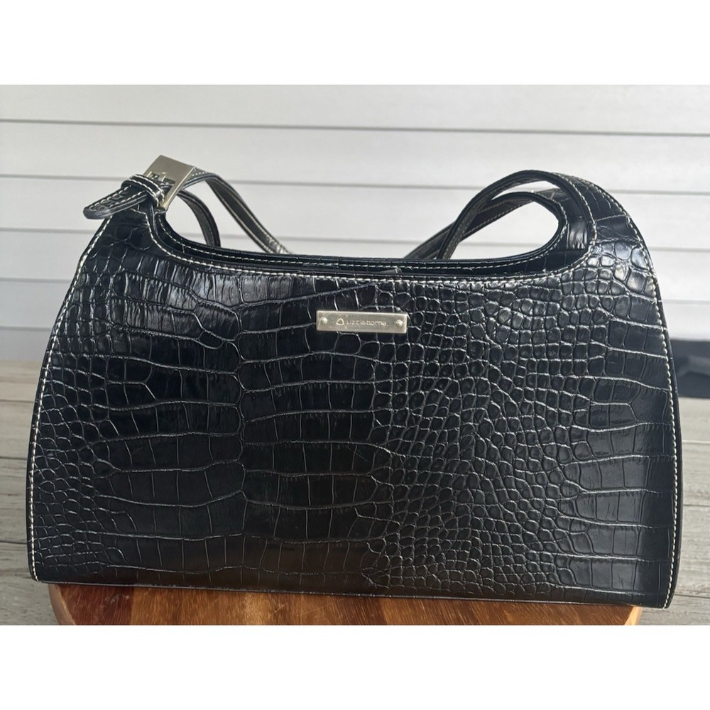 Liz Claiborne Black Faux Croc Embossed Leather Shoulder Baguette Bag Vintage Y2K